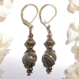 Small Boho Earrings Dangle Drop Turquoise Blue Brown Bronze Beaded Handmade 8266